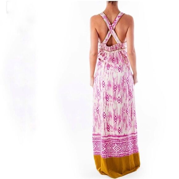 Loft Silk Ikat Tribal Print Maxi Dress Sundress Pink Cream Size 2 - Picture 5 of 15